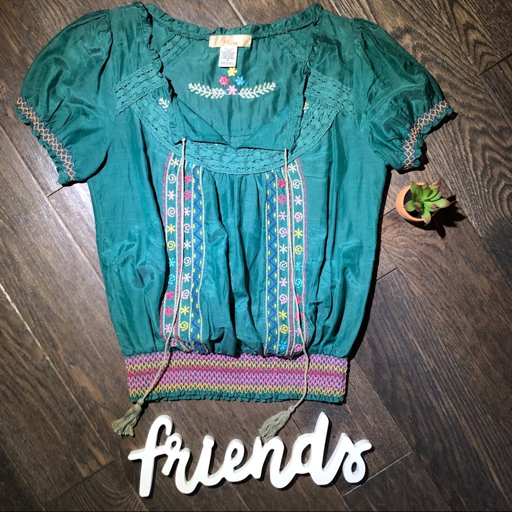Miuse Teal Top with Embroidered Accents